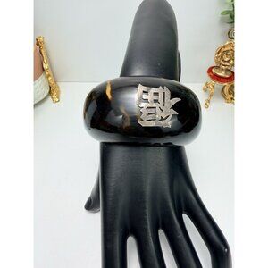 Vintage Silver Cuff Bangle Bracelet Honey Marble Shell Chinese Characters